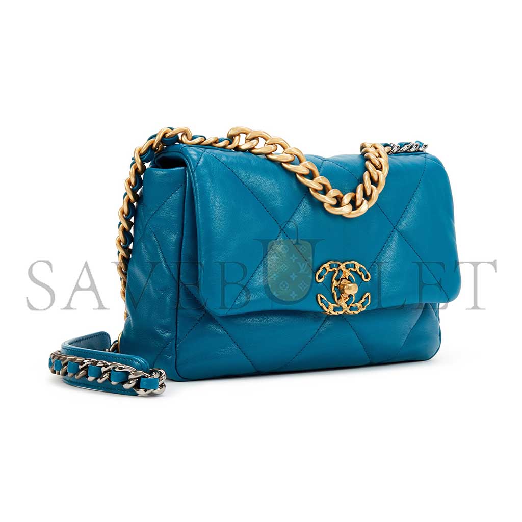 Ch*el 19 flap bag in teal blue lambskin as1160 (26*16*9cm)